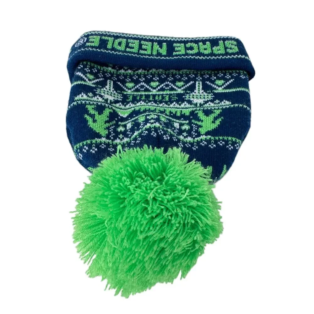 Seattle Space Needle Souvenir Beanie Hat OS Blue‎ Green Knit Stylish Pom Pom
